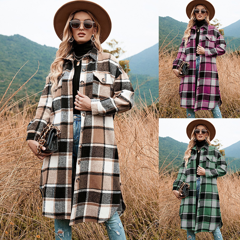 Cross-Border Export Women's Clothing European and American 2024 Spring Elegant Slim Long Windbreaker Lapel Flap Pocket Pants Plaid Woolen Outwear