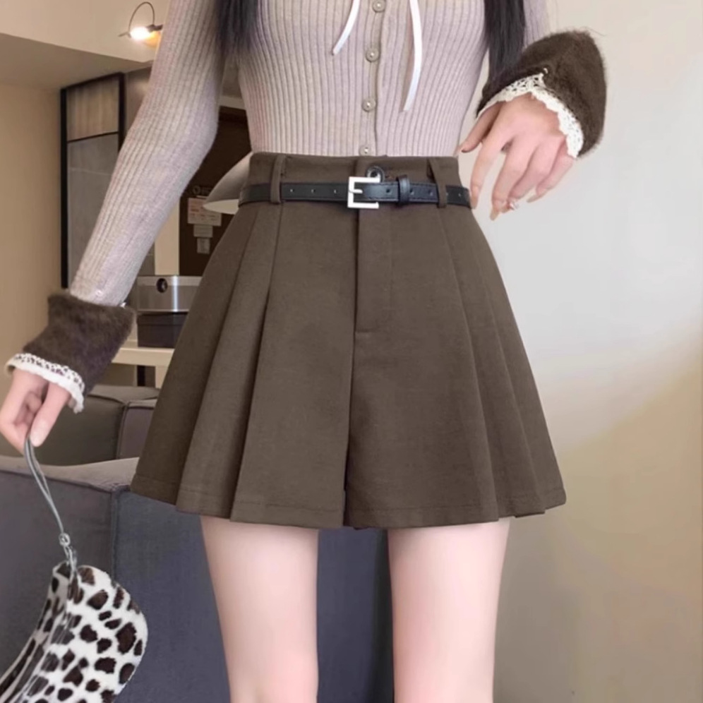 2024 New brown Pleated Woolen Shorts Women's Autumn and Winter Outer Wear Boots Pants High Waist A- shaped Wide Leg Casual Pants Skirt