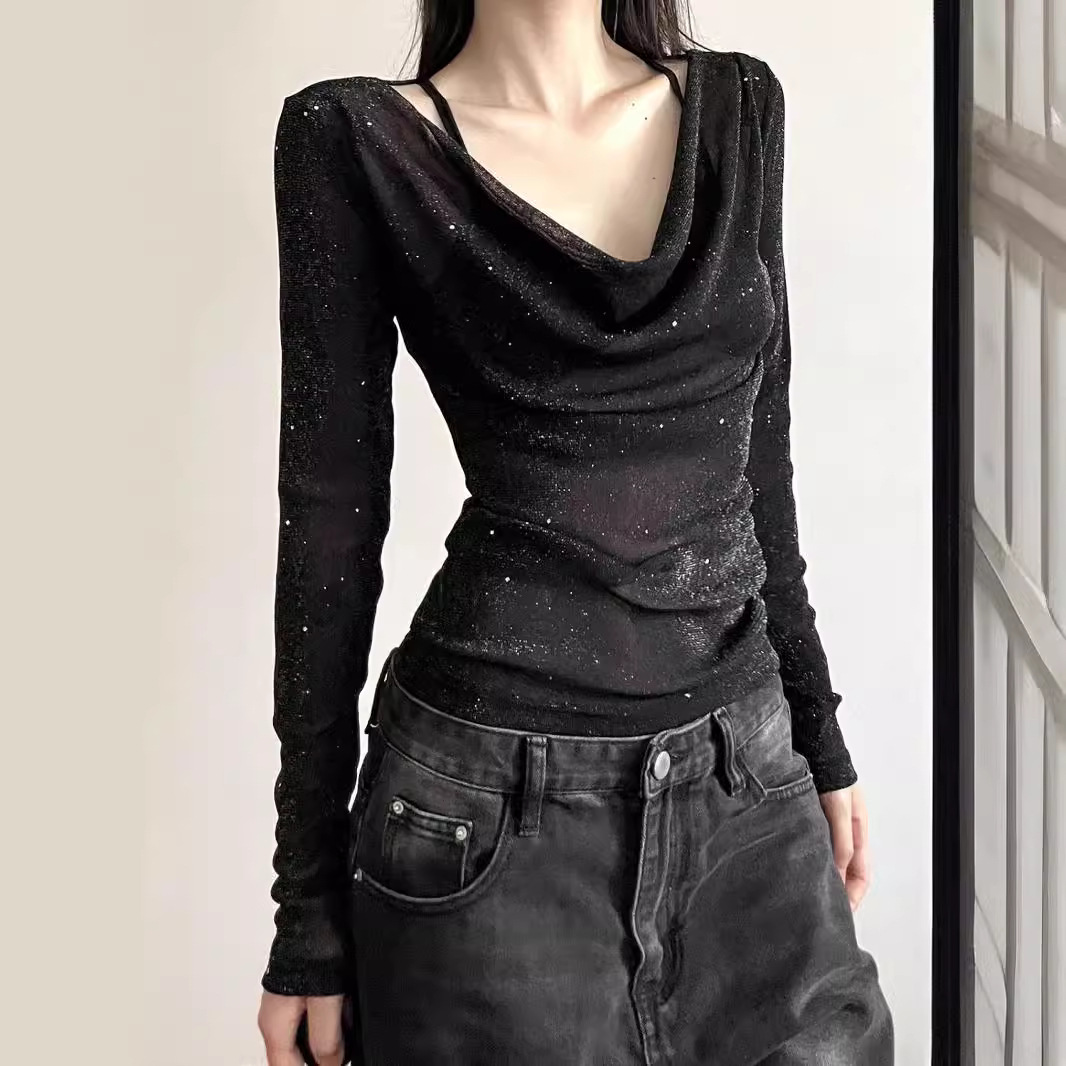 Unique and Chic Sequin Swing Collar Long-sleeved T-shirt Women's Summer New Design Sense Micro-transparent Slim-fit Slim-fit Spice Girl Top