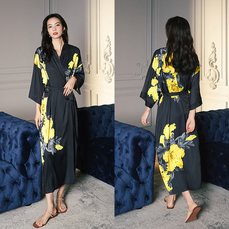 Picture of Yaoting Satin Printed Pajamas for Women Summer Large Size Accessible Luxury Three-Quarter Sleeves Cool Long Nightgown Home Wear Women Wp2669