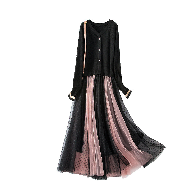 Picture of In stock autumn plus size women's clothing 2021 elegant slim-fit slimming knitted stitching dress chubby girl lace A- line skirt 817