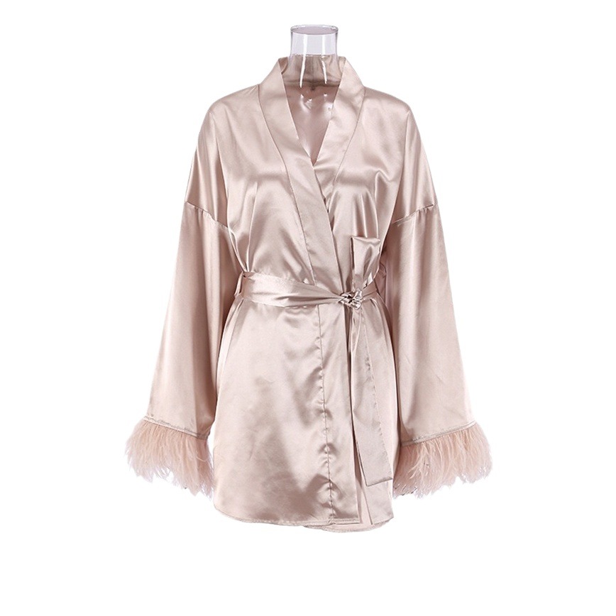 European and American Autumn 2023 fashion new feather satin cardigan nightgown bathrobe women's home wear skin-friendly soft cross-border