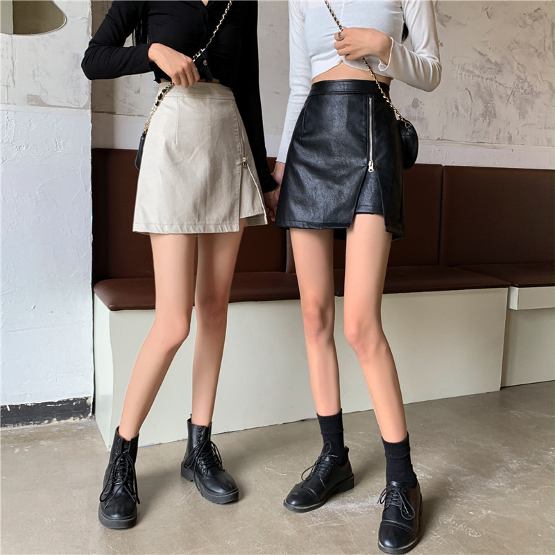 PU Leather Short Skirt Women's Autumn and Winter High Waist Slimming Irregular Hip Side Zipper Design Sense A- Line Short Pants Skirt