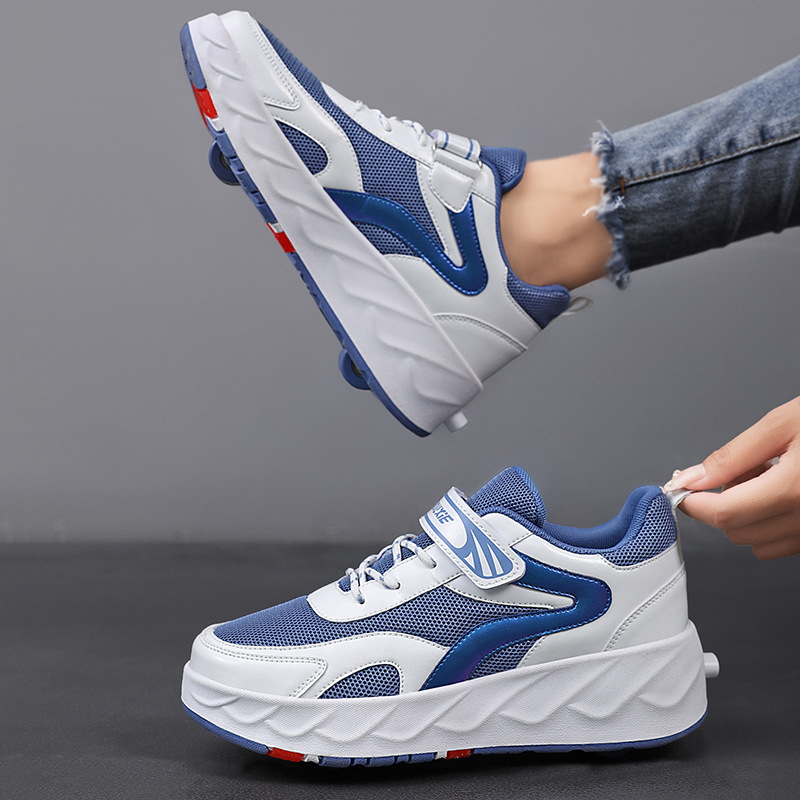 Boys' New Four-wheel Heelys with Light Charging Two-wheel Skate Shoes with Lace Wheels Mesh Shoes for Boys and Girls