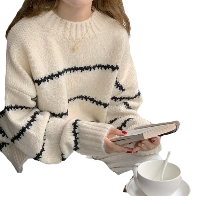 Picture of Retro Japanese style lazy loose sweater women's thickened autumn and winter 2024 new long sleeve striped half turtleneck sweater