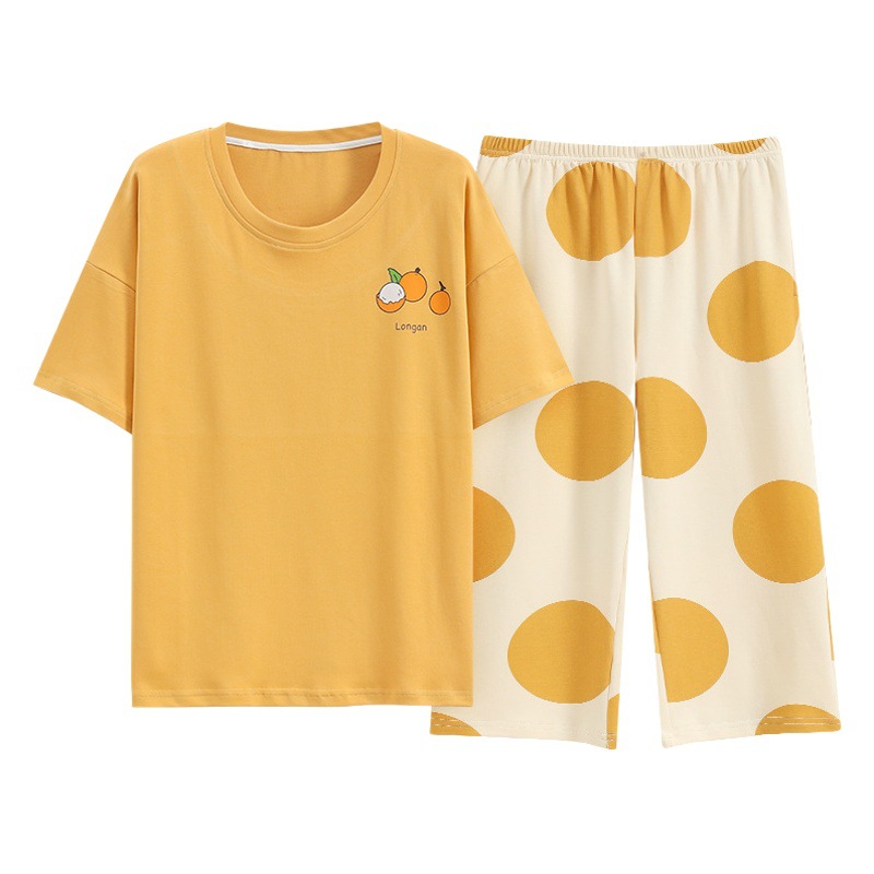 Summer Pure Cotton Short-sleeved Pajamas Women's Capri Pants with Chest Pad Simple Cross-border Japanese Girl's Summer Home Suit
