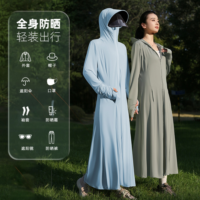 Black rubber brim sunscreen clothing women's summer 2025 anti-ultraviolet cycling mid-length blouse ice silk full-body sunscreen clothing