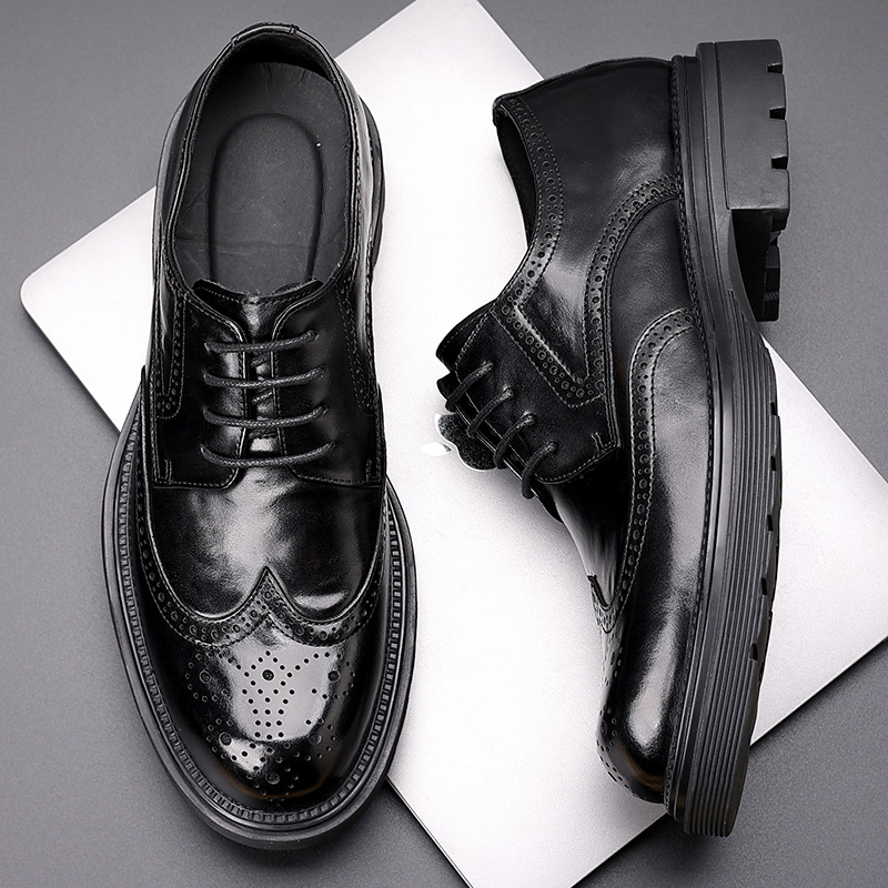 Men's Leather Shoes, New Formal Brogue Leather Shoes, High-Bottom Business British Thick-Soled Men's Shoes, First-Layer Cowhide