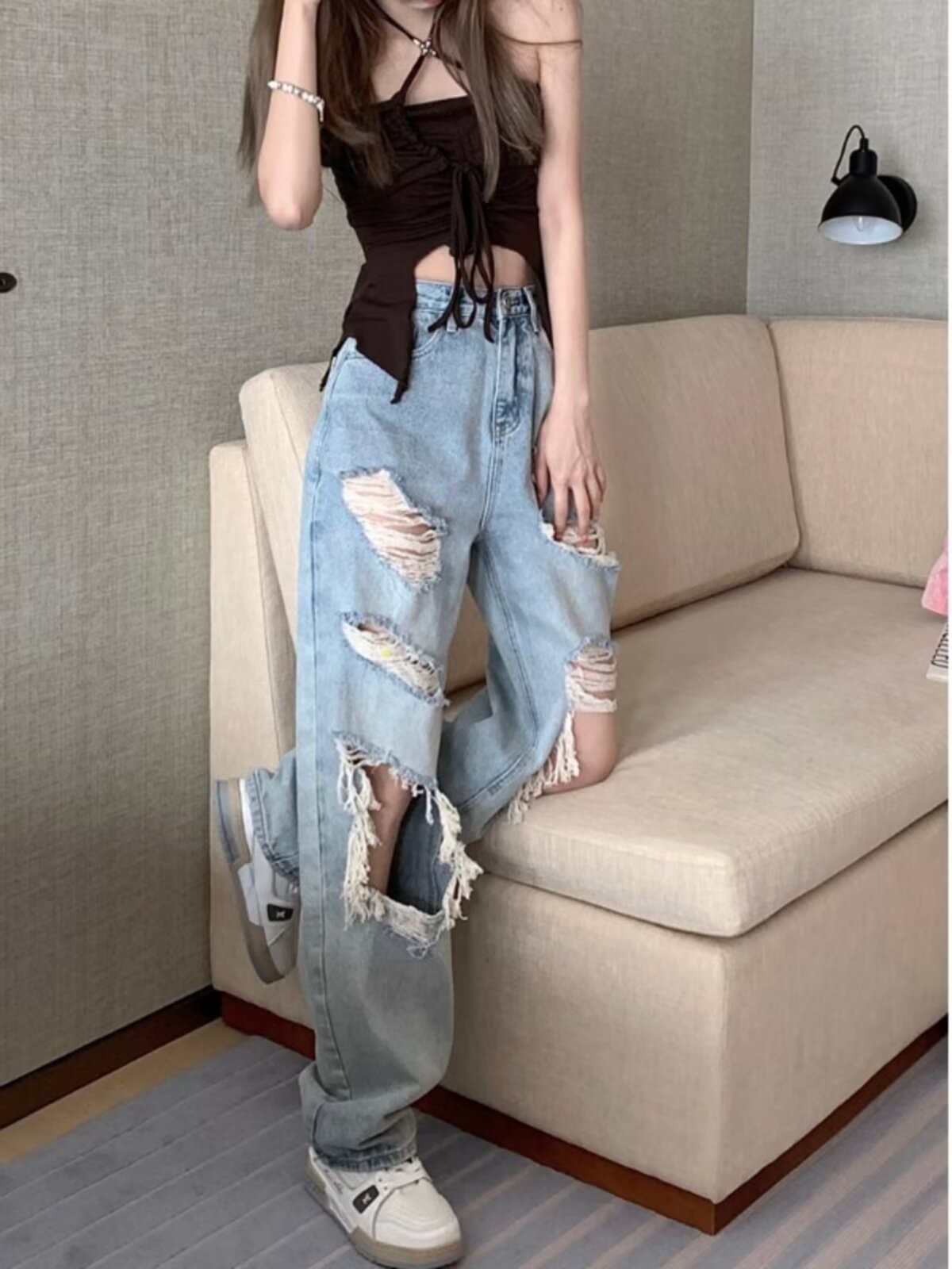Vintage Casual Ripped Jeans for Women, Summer Versatile Pear-Shaped Body Loose Slimming Floor-Length Denim Pants for Women