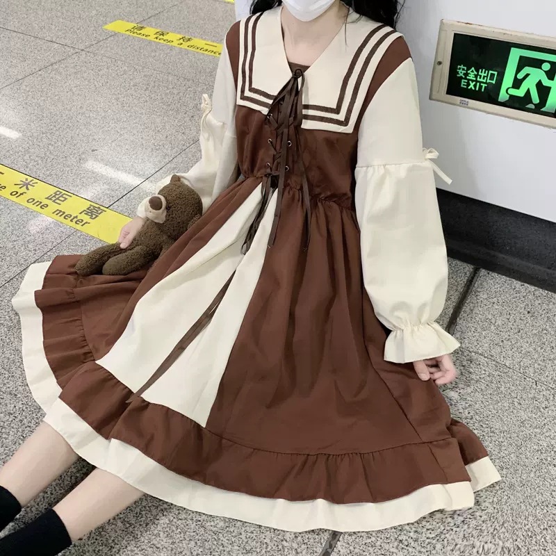 2024 Summer New Early Autumn Chubby Sister Navy Collar Academy Style Long Sleeve Dress for Women Small Slight Chubby