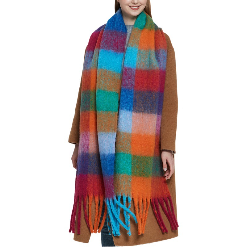 Foreign Trade Autumn and Winter New Circle Yarn Thickeneded Shawl Imitation Mohair Thick Beard Colorful Plaid Scarf Spot Manufacturer