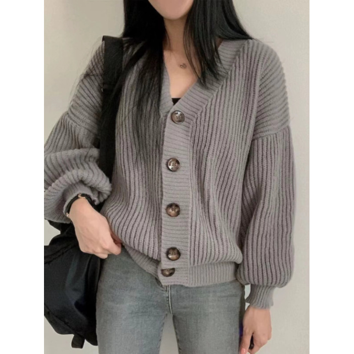 Picture of Early Autumn New Versatile Sweater Jacket for Women Loose Large Version Lazy Lantern Sleeve Warm Thick Knitted Cardigan Gray