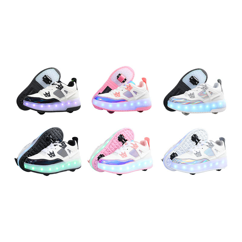 New Cross-Border Heelys Charging Luminous Shoes Two-Wheel Four-Wheel Led Light Kidsren and Adults Roller Skating Shoelace Wheel