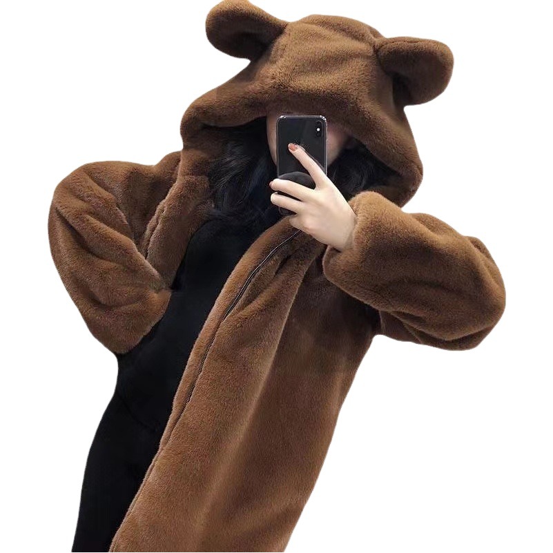 2023 Winter New Hooded Loose Cute Bear Ears Thickened Fur Plush Mid-length Imitation Fur Jacket for Women