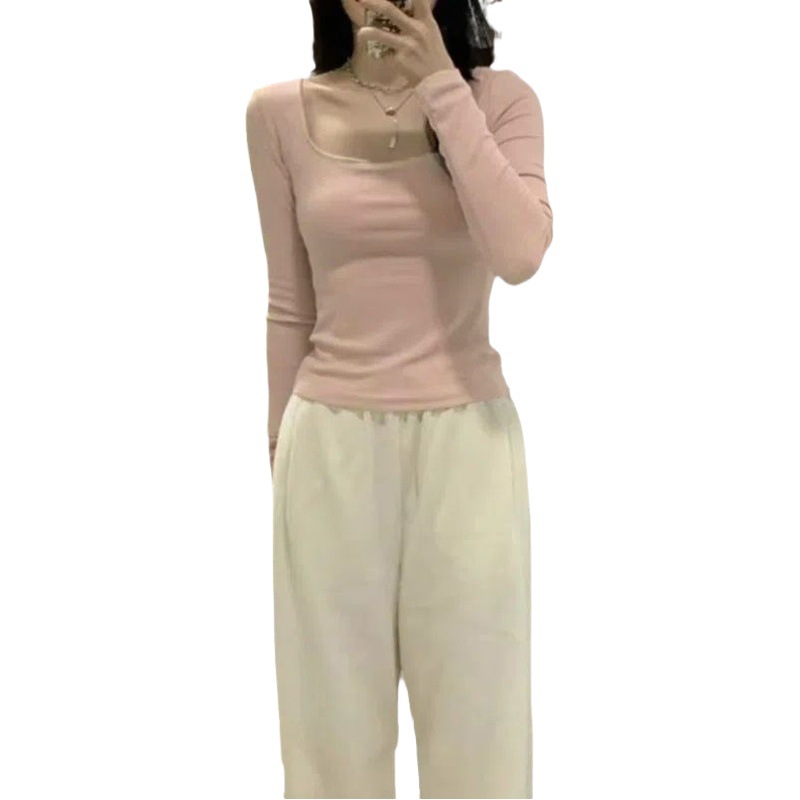German velvet square collar long sleeve T-shirt women's autumn and winter thickened soft waxy hot girl pure desire wind base shirt warm top tide