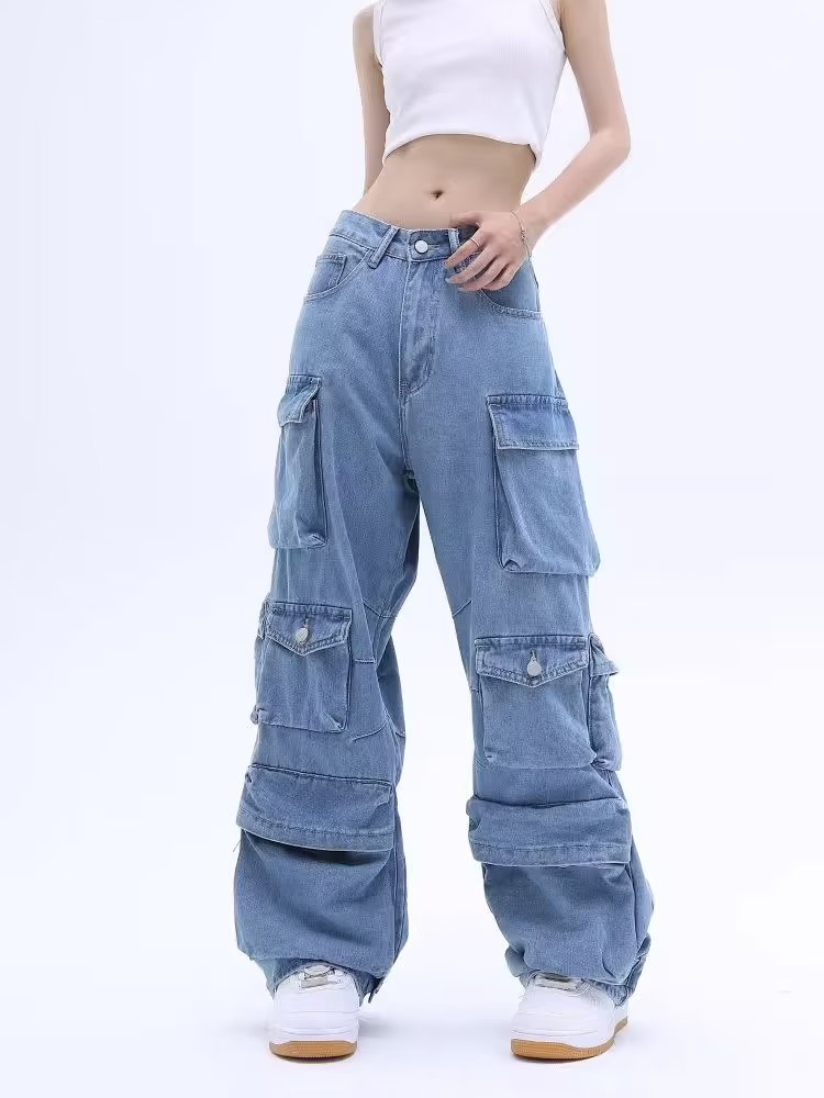 2024 design sense multi-pocket Denim overalls women's spring and summer new loose high waist wide leg mop pants hip hop