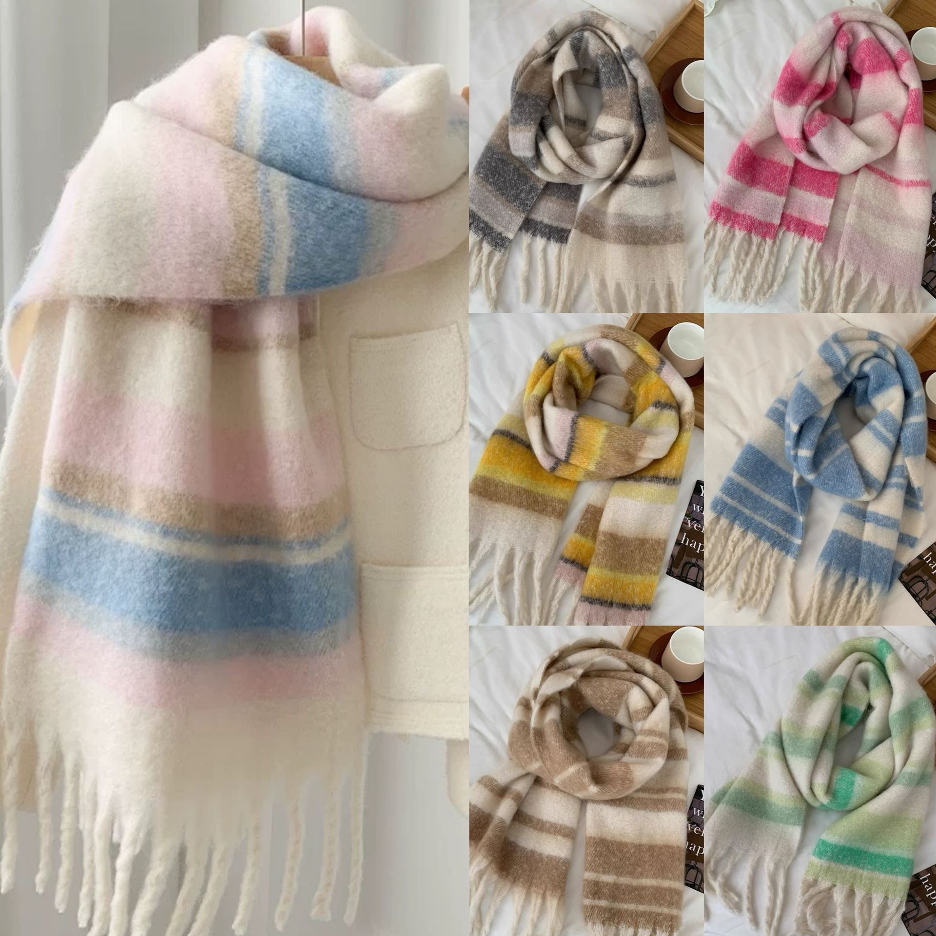 Maillard new striped scarf women's autumn and winter thickened warm neck snood student versatile solid color scarf manufacturer cross-border