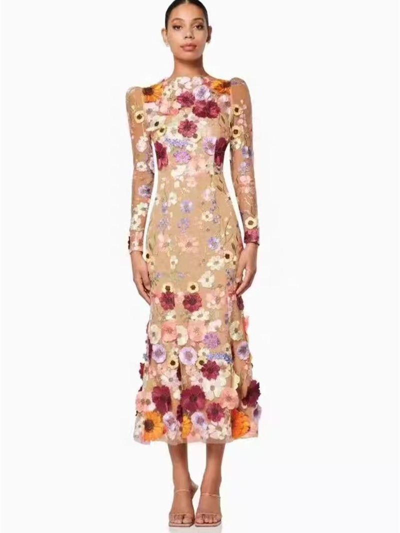 Australian trendy brand three-dimensional appliqué fairy atmosphere eye-catching celebrity temperament mesh slim fit hip fishtail dress long skirt dress