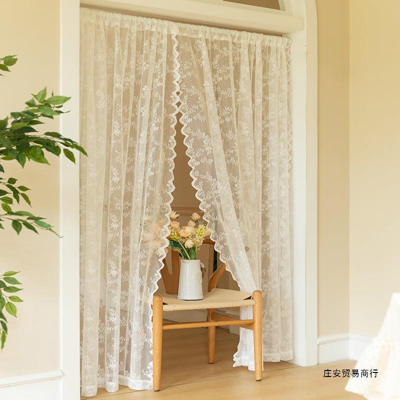 French-style Partition-free Window Perforated Curtain 2024 White Lace Gauze Curtain New Arrival Rod Floating Window Curtain Velcro Curtain