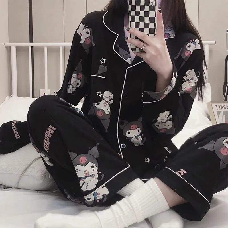 Japanese-style Korean-style Cartoon Pajamas Female Kulomi Cute Girl's Heart ins Style Long-sleeved Trousers Home Clothes Autumn Internet Celebrity