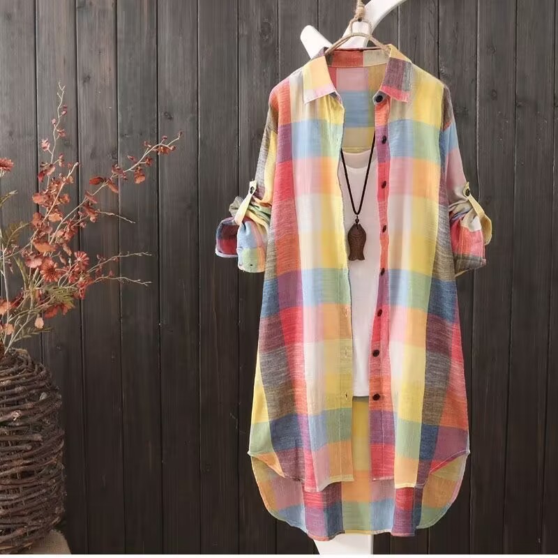 Picture of Women's sun protection clothing shirt Women's Mid-length plus size women's loose slimming fashionable plaid shirt women's casual coat