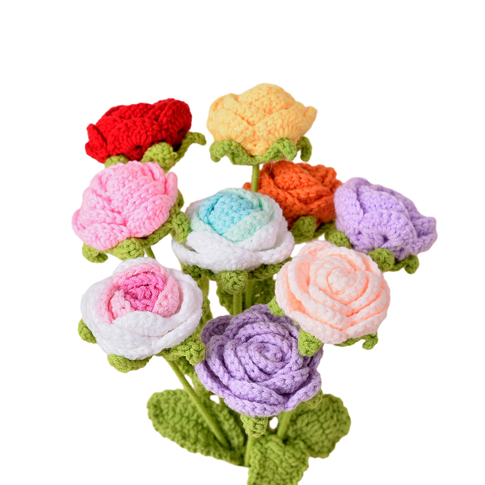 Picture of Finished Hand-Knitted Rose Artificial Flower Knitting Flower Handmade Flower DIY Wool Knitting Homemade Crochet Bouquet