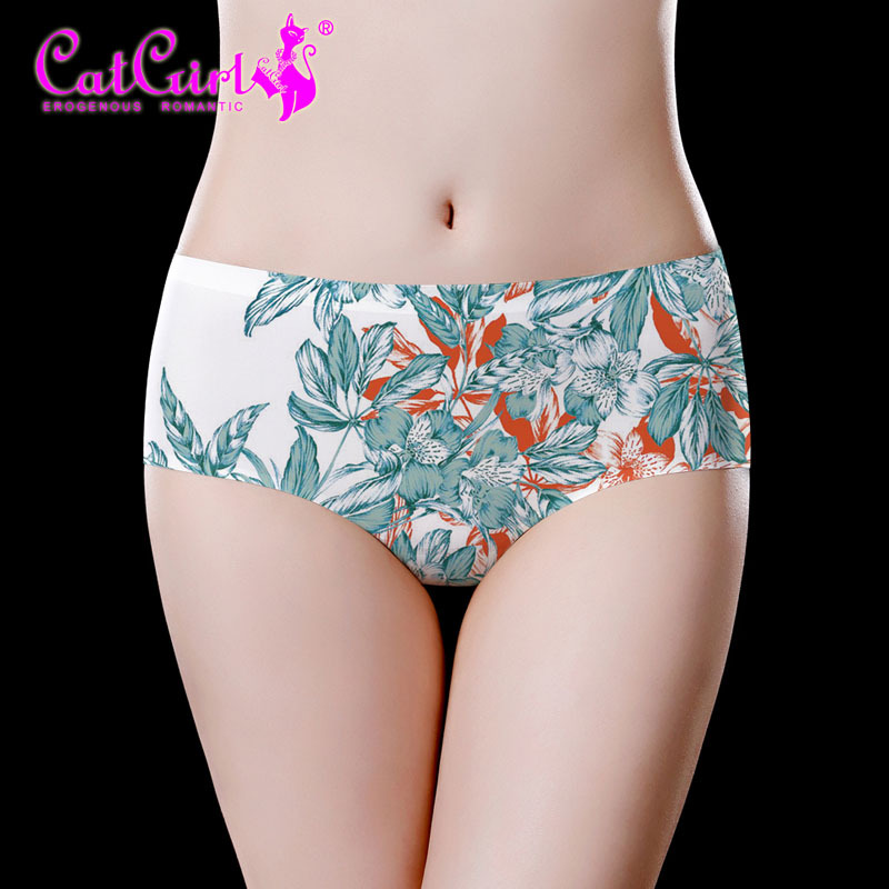 catgirl Japanese Ice Silk Traceless Printed Women's Underwear Mid-Waist Cute Sweet Girl's Briefs Breathable Naked
