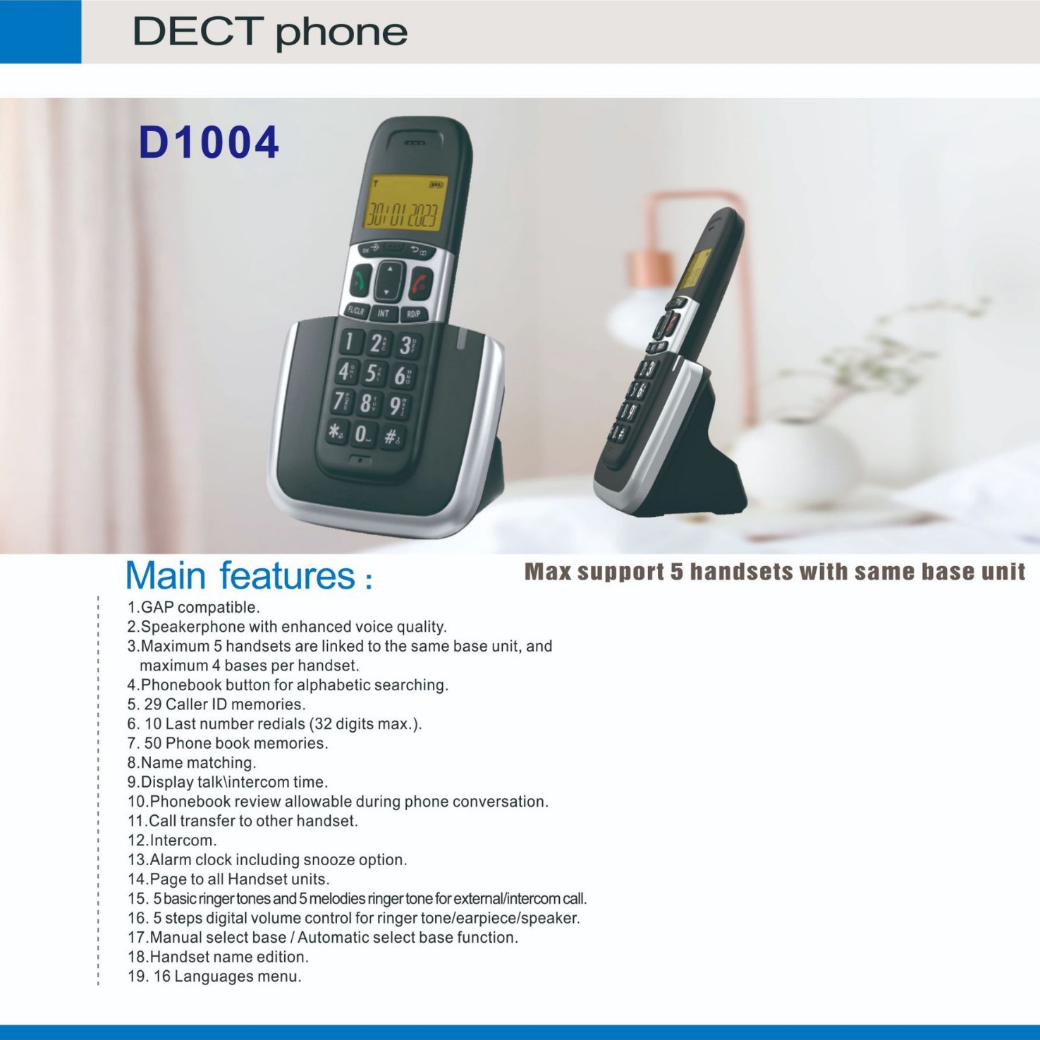 Picture of D1004 One to Two Business Office Home Handheld Phone Digital Cordless Telephone Low Radiation Cross Border