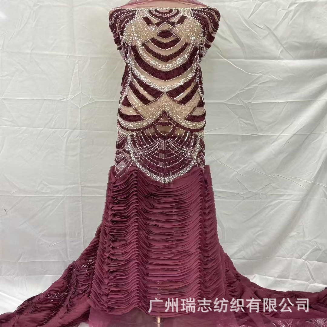 Factory Ready-Made Pleated Plate with Sequin Embroider Fashion Lace Dress Wedding Dress Fabric Sequins Lace