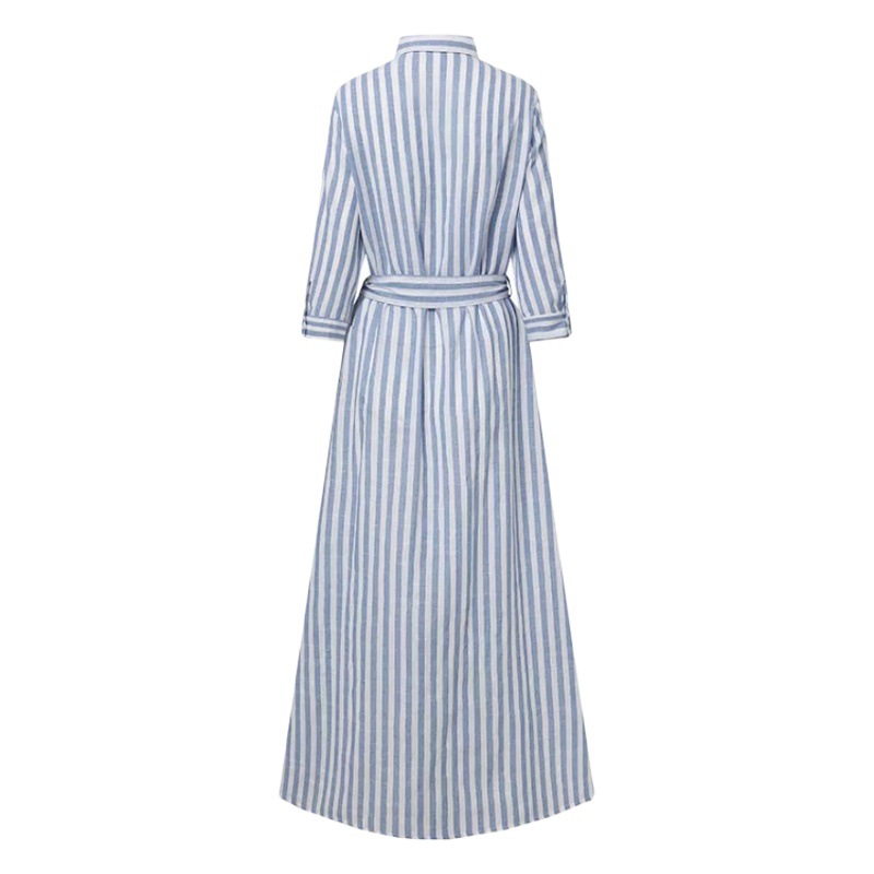 2024 New European and American Cross-border POLO Collar Elegant Cotton and Linen Striped Bohemian Seven-sleeved Cardigan dress
