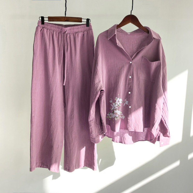 Cross-border Independent Station Amazon Explosions Women's 2-piece Cotton and Linen Shirt High Waist Wide Leg Pants Casual Set Printing