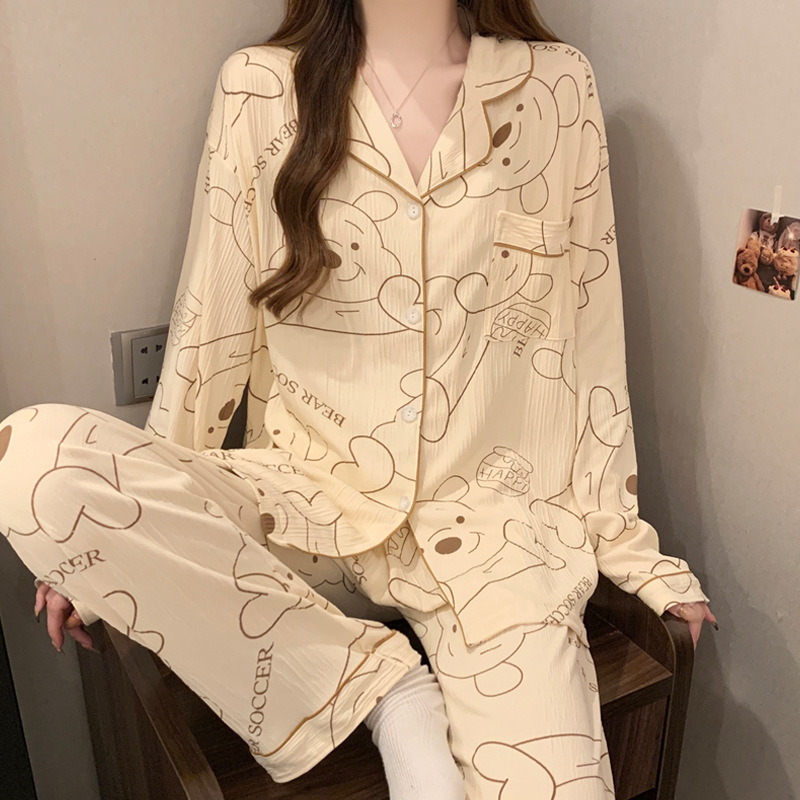 Spring Thin Wrinkled Cloth Pajamas Women's Cute Cartoon Bear Sweet Casual Autumn Live Home Clothes suit Foreign Trade