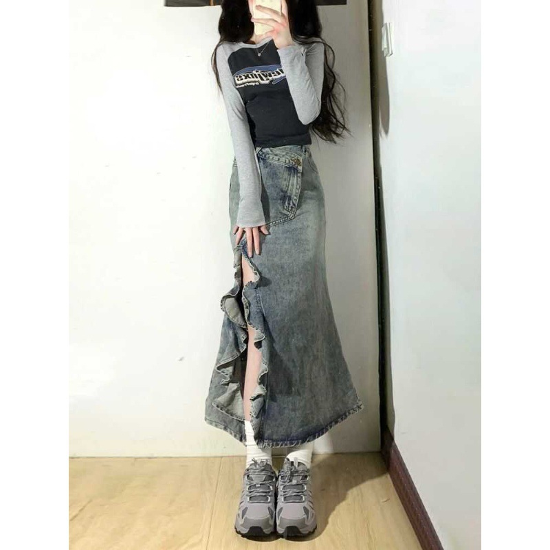 American Style Retro Irregular Mid-length Denim Skirt Women's Summer New Wave Split High Waist Fishtail Skirt