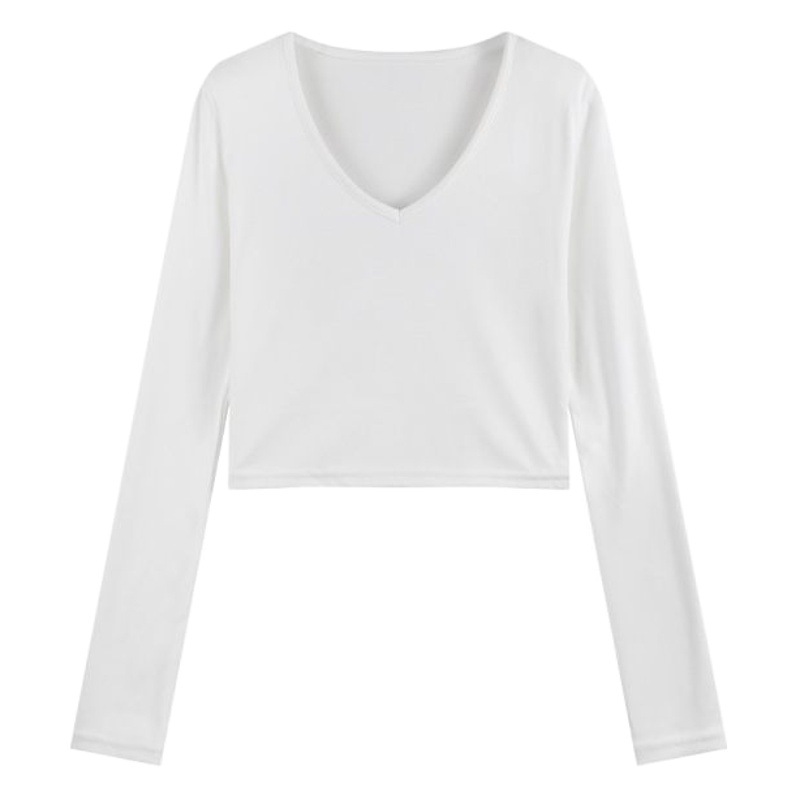 Pure desire White 2023 New elegant slimming V-neck bottoming shirt women's autumn new high waist short slim T-shirt
