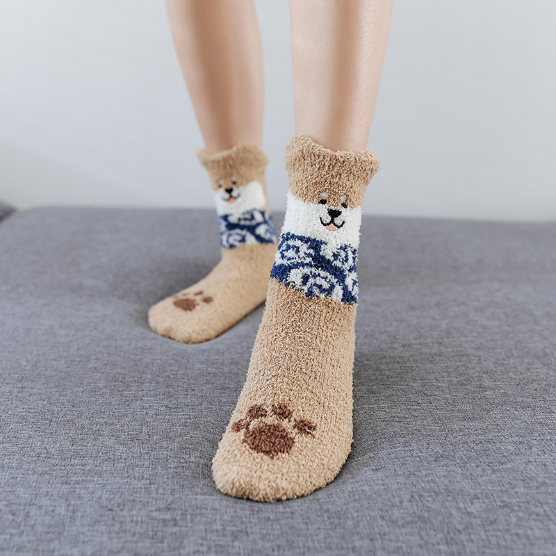 Picture of Winter Coral Fleece Sleep Socks Women Cute Puppy Cartoon Socks Thickened Warm Floor Socks Adult Towel Socks