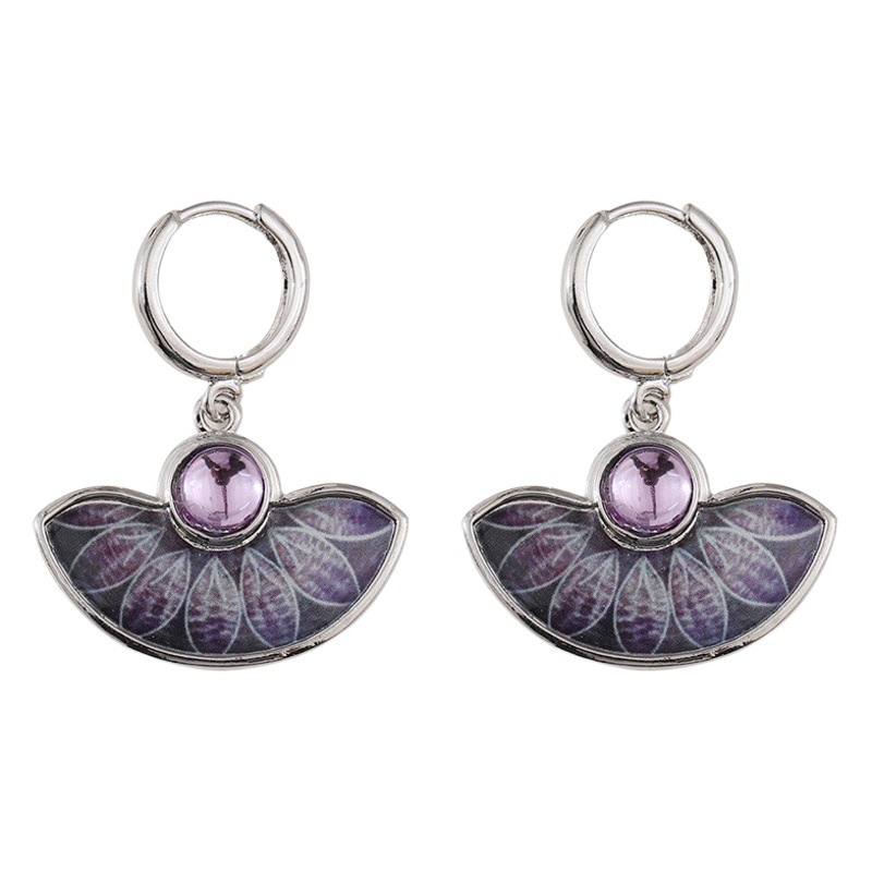 European and American fashion niche retro creative personality hollow pattern fan natural stone pendant metal antique earrings