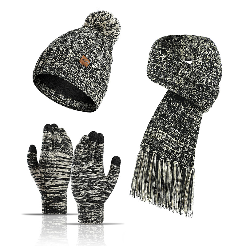 Picture of Winter Hat New Style Knitted Wool European and American Cross-Border Color Hat Thickened Scarf Touch Screen Gloves Three-Piece Set