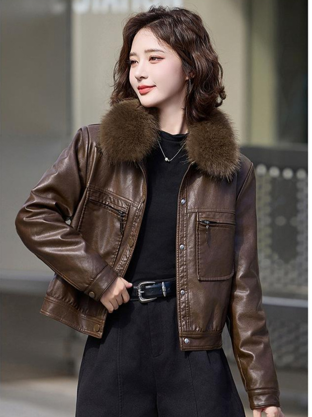 Picture of Zordan Paul Women's Leather Jacket Autumn and Winter New Large Fur Collar Fleece-Lined Thickeneded Motorcycle Pu Leather Jacket-749