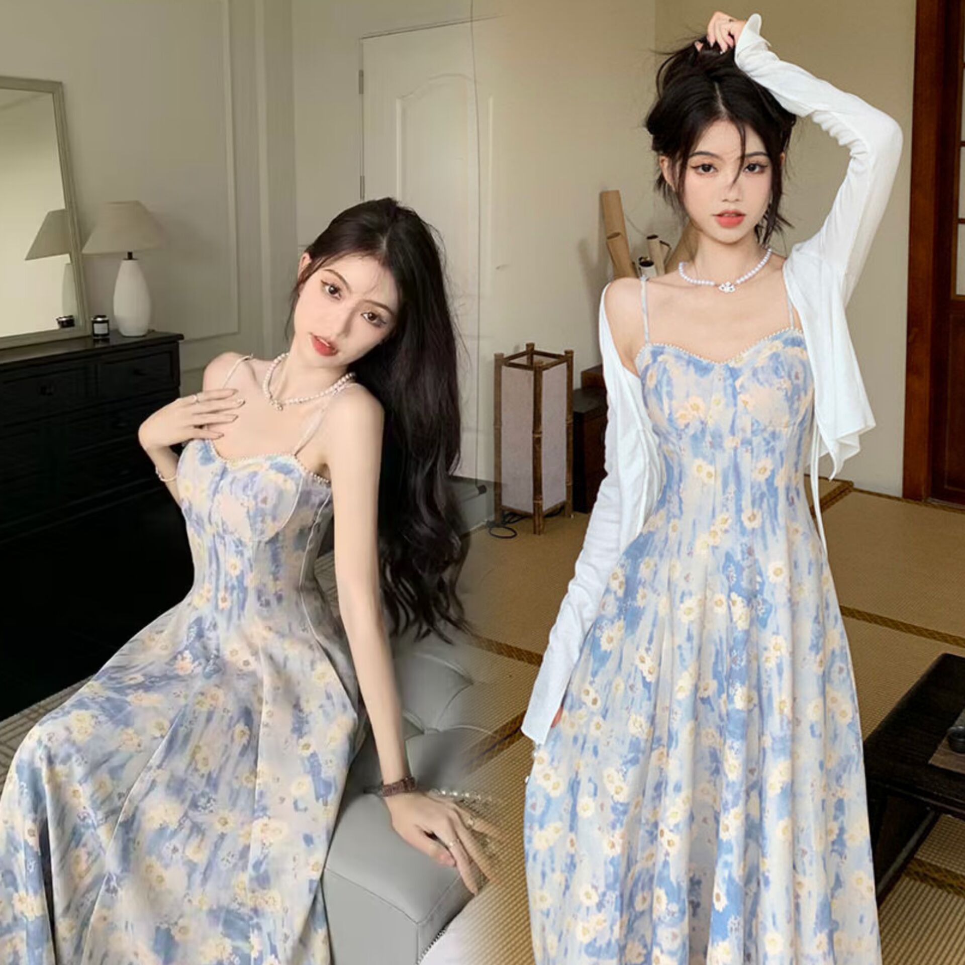 French Blue Oil Painting Floral Sling dress Women's Spring and Summer New Waisted Sweet Fairy Elegant Midi Dress