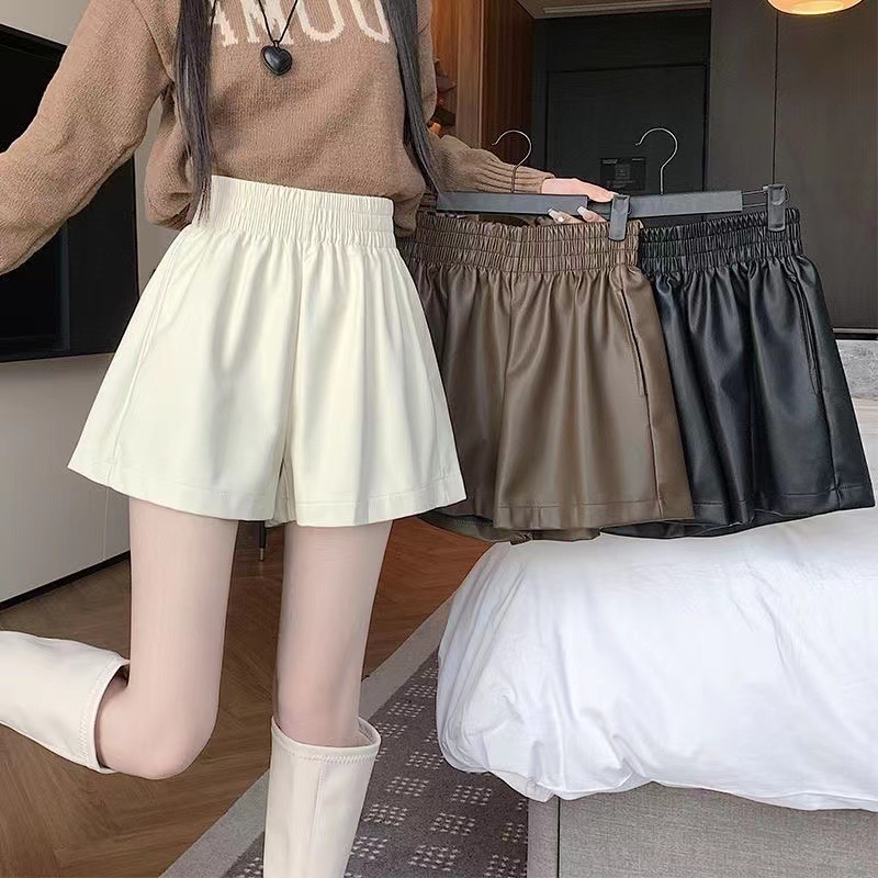 Pu Leather Pants Shorts for Women 2023 New Autumn Elastic Waist Wide Leg Pants Winter High Waist a Line White Outer Boot Pants