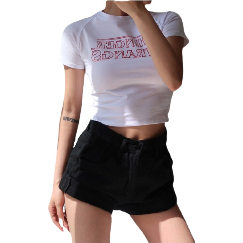 Short Slim-fit Crewneck Short-sleeved T-shirt Women's Summer Clothing Korean Style Casual High Waist Navel-exposed Slim-fit Slim-fit Women's Top Clothes