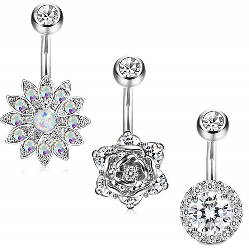 Amazon Explosions 3-piece Stainless Steel Zircon Silver Belly Button Ring Set Body Puncture Jewelry Wholesale