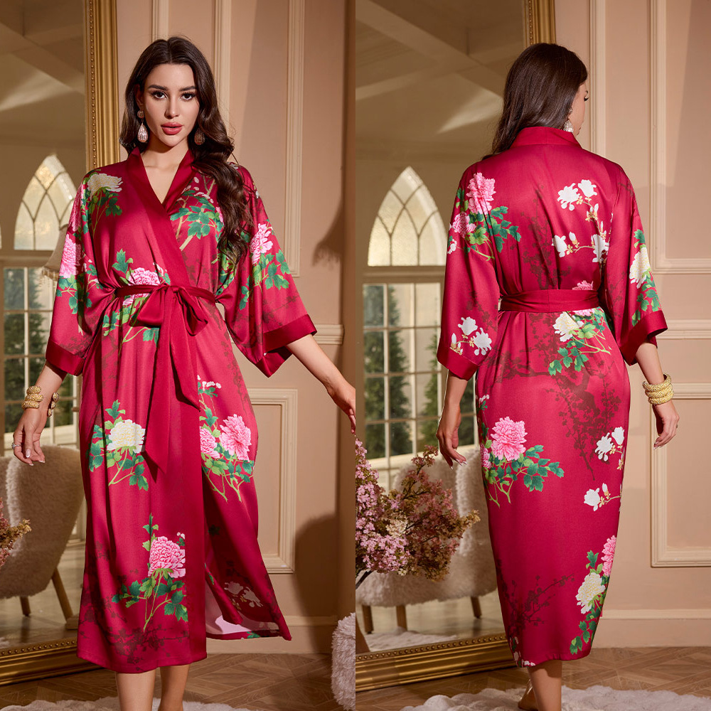 Picture of Yaoting Satin Printed Pajamas for Women Summer Large Size Accessible Luxury Three-Quarter Sleeves Cool Long Nightgown Home Wear Women Wp2669