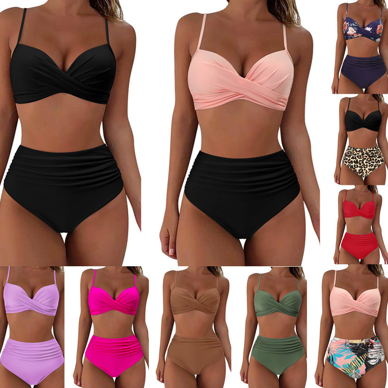 2023 new bikini women's split swimsuit solid color nylon multi-color hard bag swimsuit female SY3404