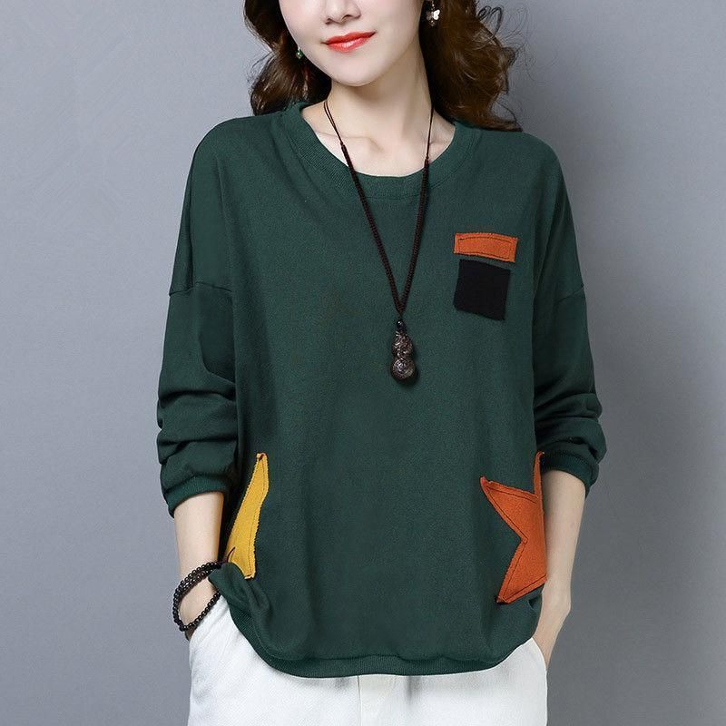 Spring and Autumn thin round neck long sleeve printed top for moms Korean style loose plus size slimming T-shirt temperament bottoming shirt