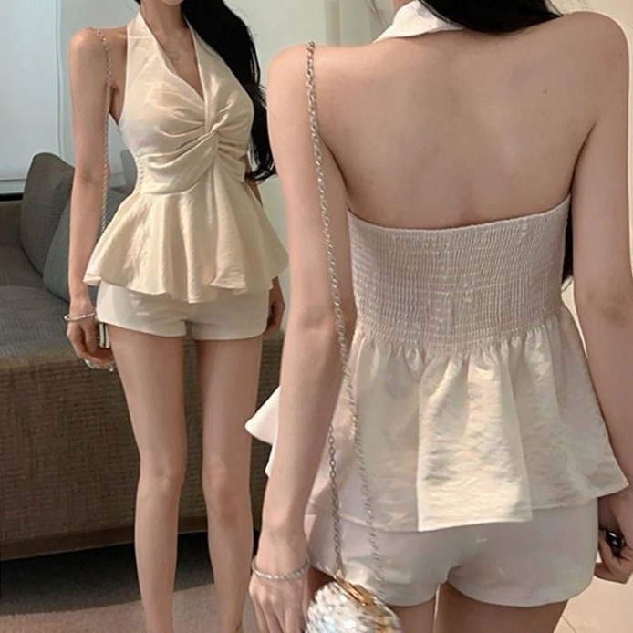 Pure Desire Design Twist Camisole Women's Summer Backless Short Pleated Halter Slim Hot Girl Unique Top