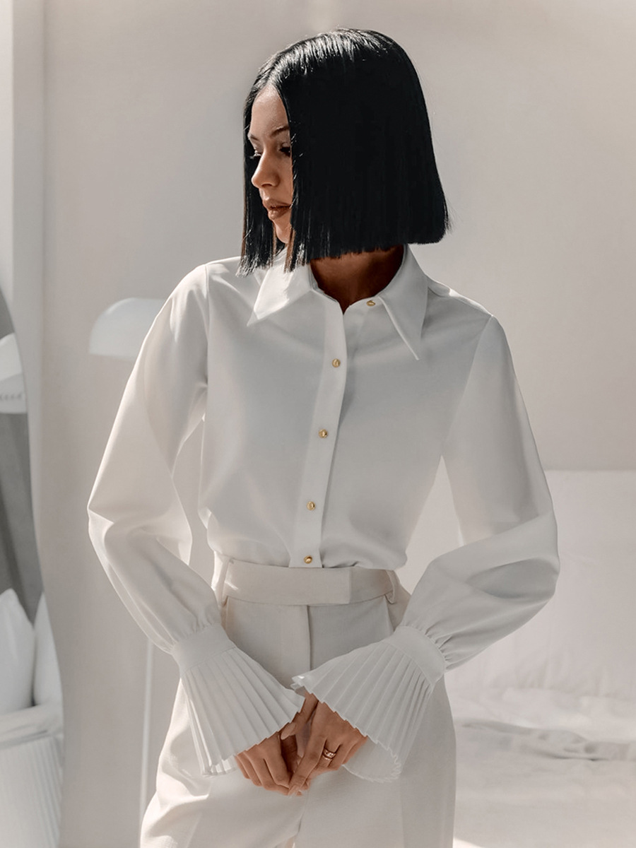 Elegant Palace Style French Style Shirt 2024 Autumn New Design Sense Ruffled White Shirt Commuter Professional Women's Wear