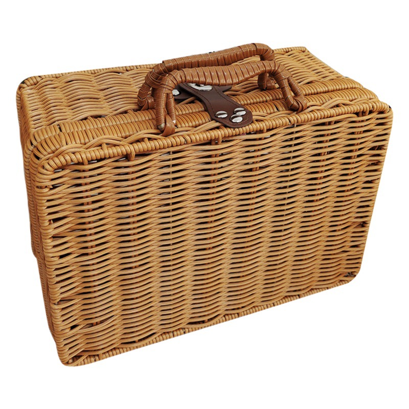 Wholesale new iron frame Rattan woven suitcase vintage props cosmetics storage rattan box hand gift box