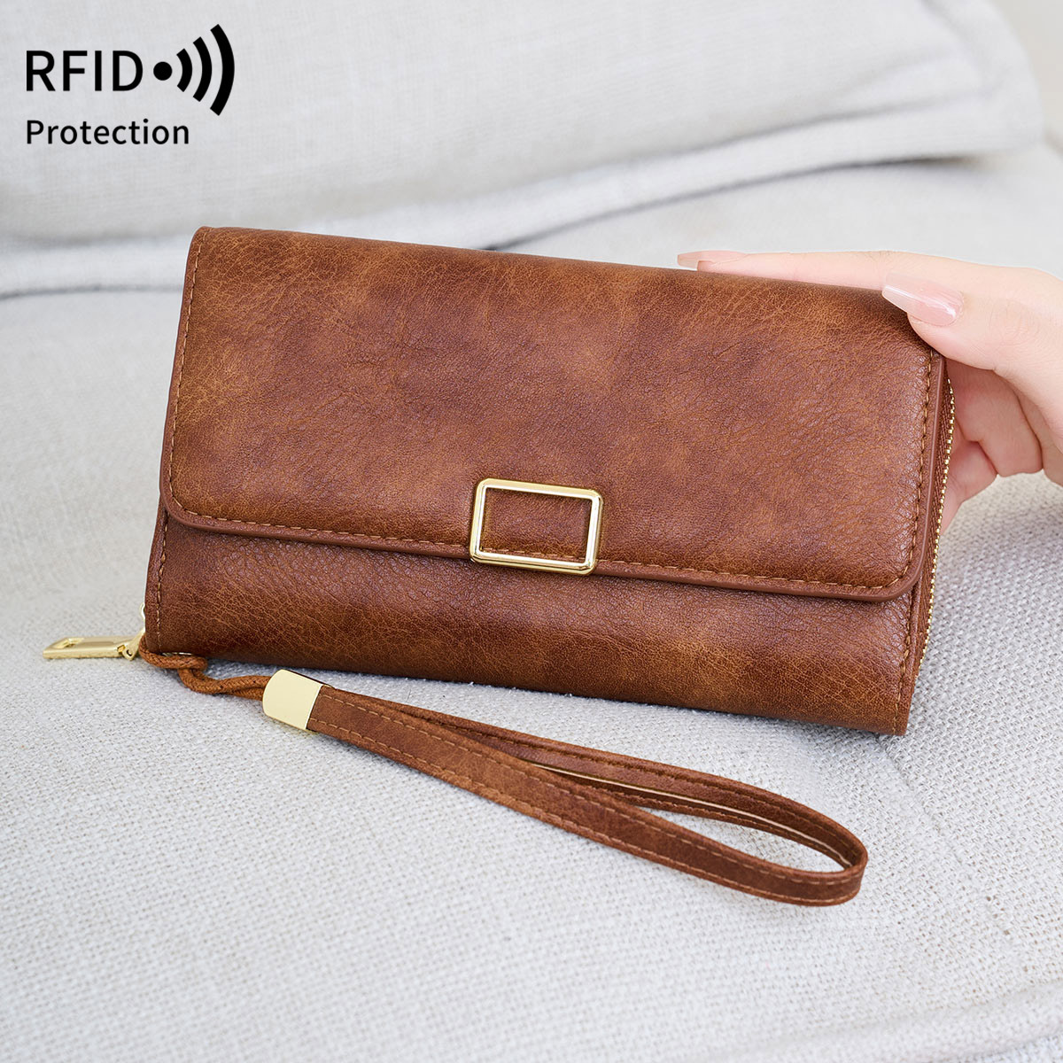 RFID multi-functional portable tri-fold long wallet foreign trade new fashion simple ladies clutch solid color coin purse