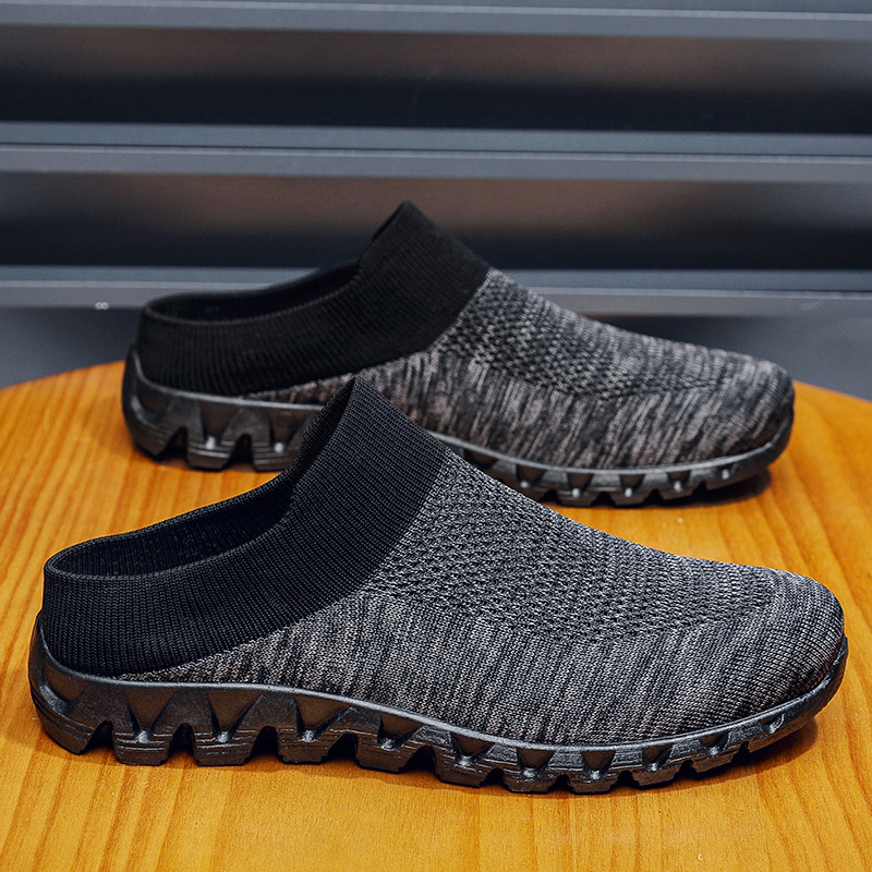 New Fly-knit Hosiery Shoes sneaker Men's Slip-on Half-tow Shoes Men's Casual Shoes Breathable Trendy Cloth Shoes